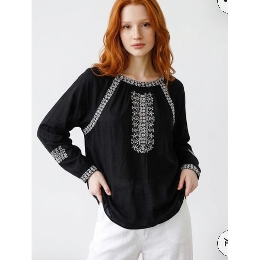 Lucky Brand Womens Black Embroidered Peasant Blouse Long Sleeve Top‎ Small